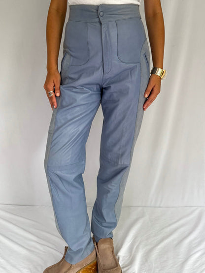 80s vintage light blue tapered leather suede pants – small, medium | soft ultra high rise waist trousers