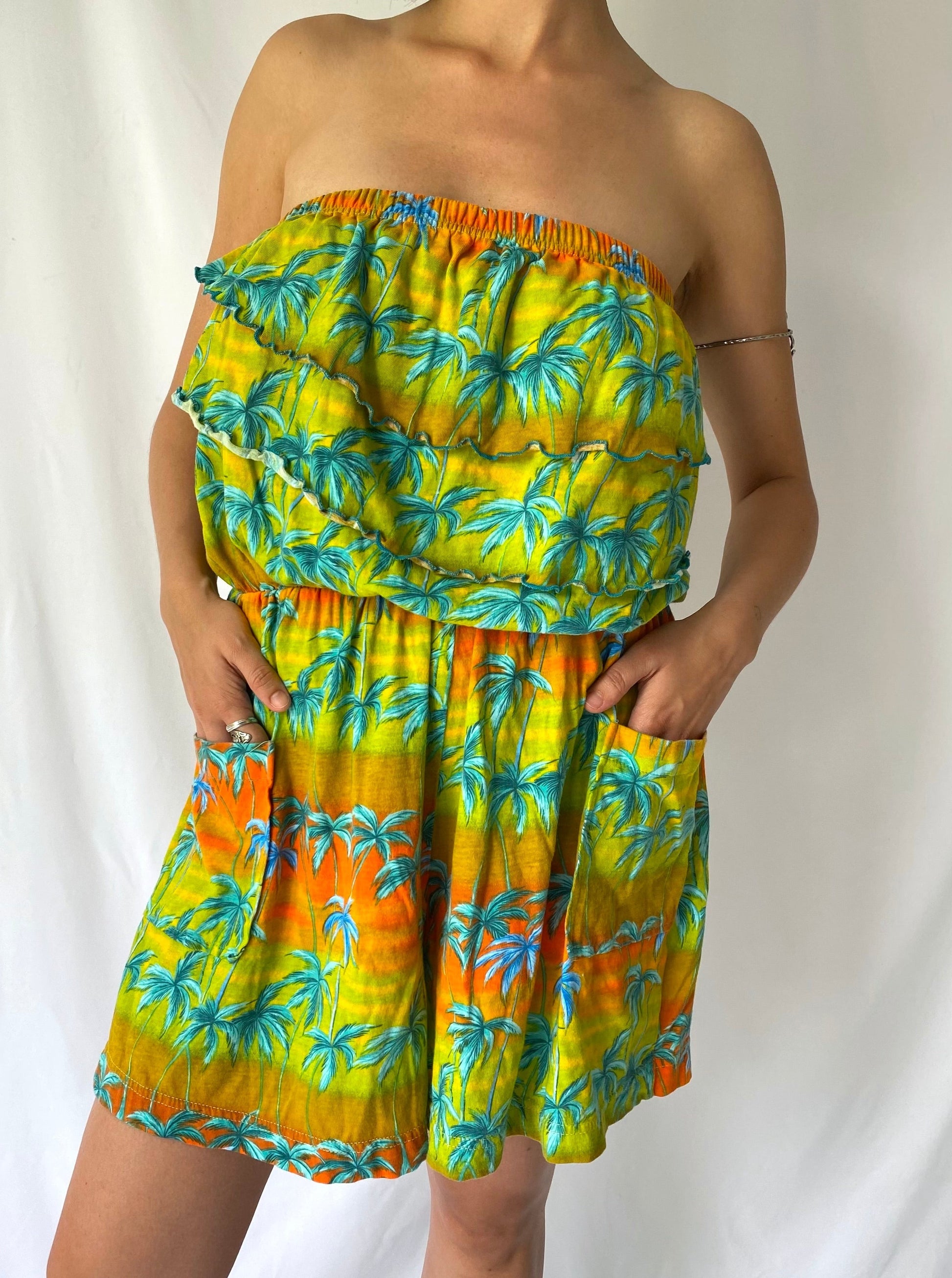 80s vintage colorful Hawaiian tropical strapless romper