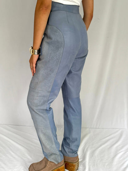 80s vintage light blue tapered leather suede pants – small, medium | soft ultra high rise waist trousers