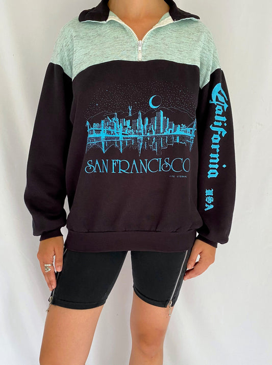 80s vintage san francisco graphic pullover sweater – medium | unisex california quarter zip long sleeved sweatshirt