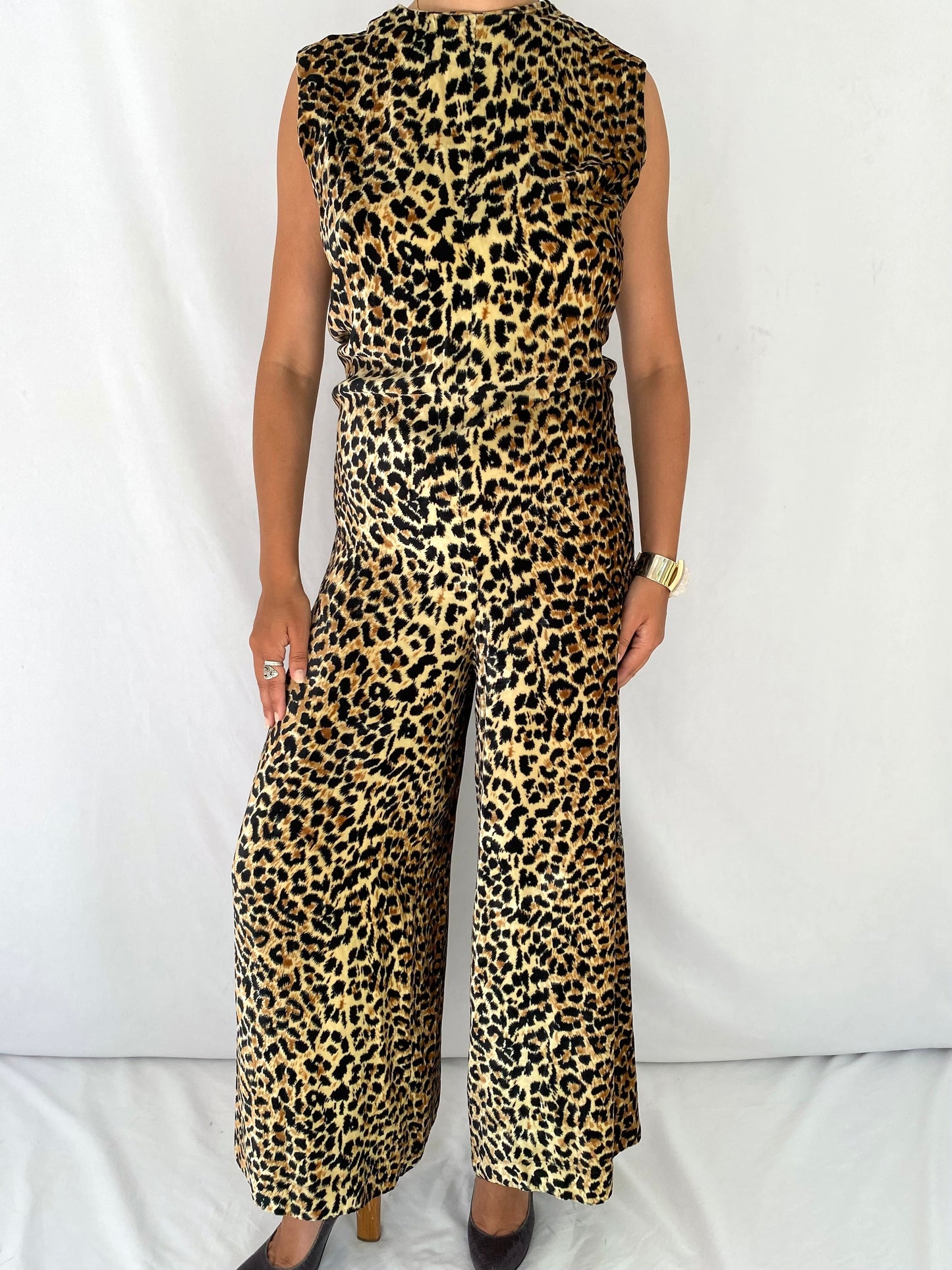 70s vintage leopard animal print velvet sleeveless pant jumpsuit – medium | disco party retro mod flared pantsuit