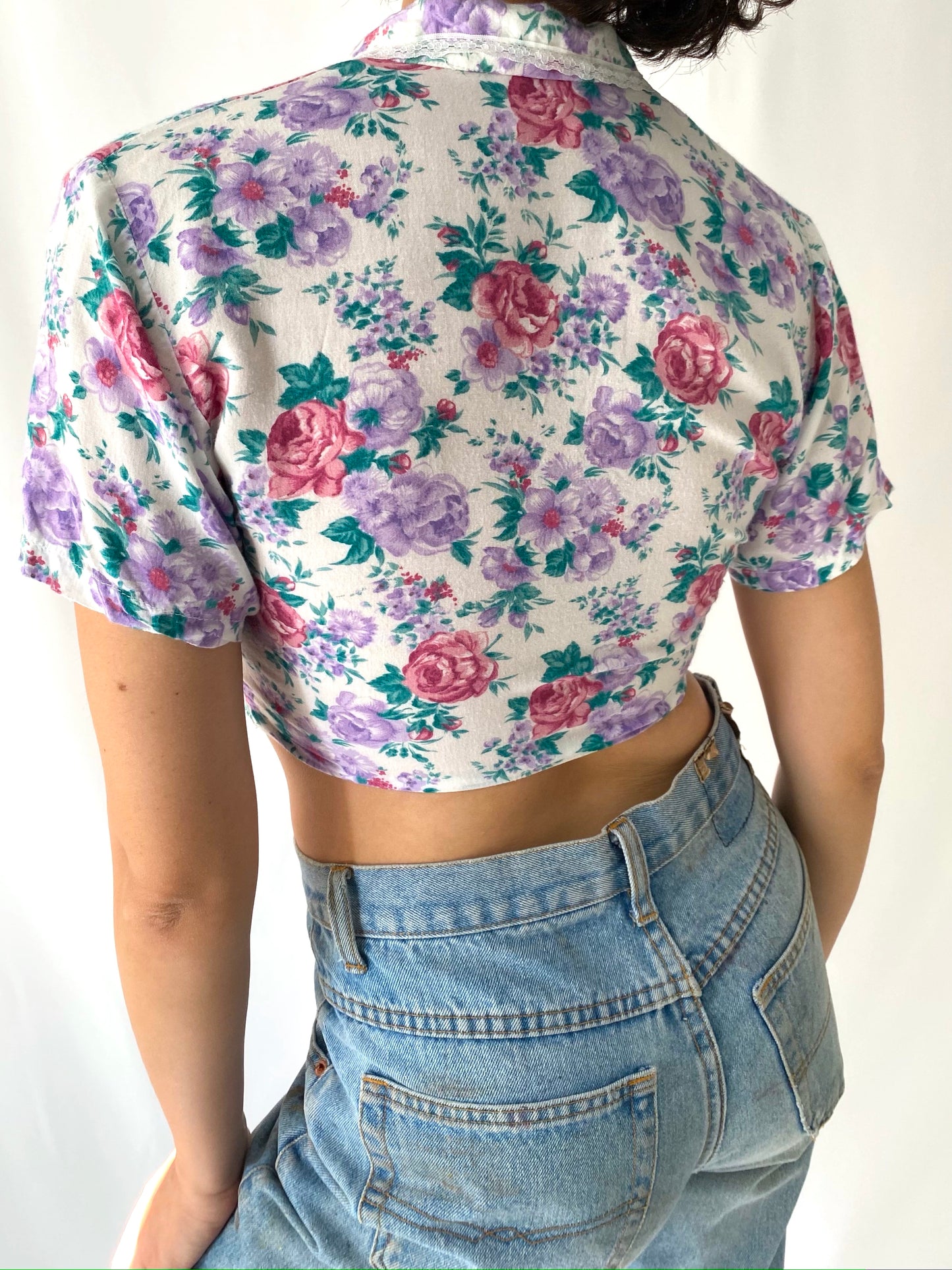 90s vintage floral collared button up crop top - extra small, small 
