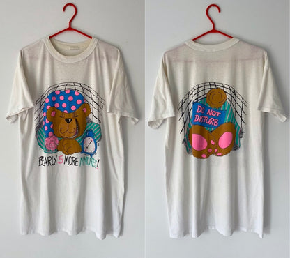 90s vintage white teddy bear interactive graphic long sleep tshirt – small, medium | novelty unique kidcore soft tee shirt dress