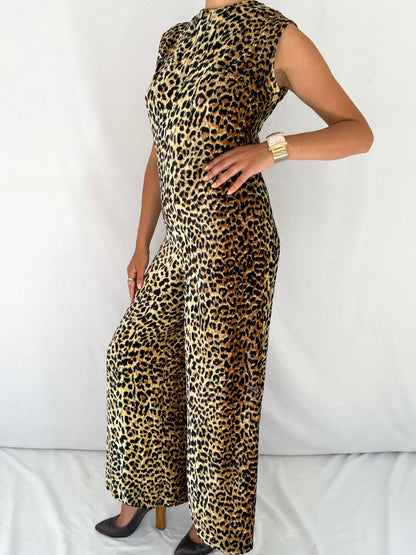 70s vintage leopard animal print velvet sleeveless pant jumpsuit – medium | disco party retro mod flared pantsuit