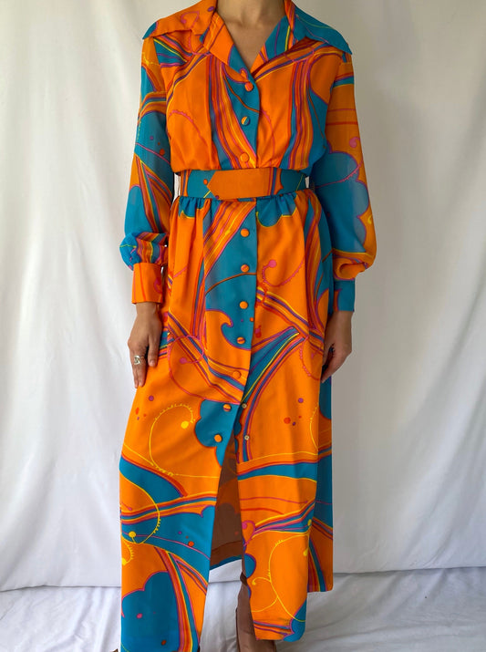 70s vintage orange blue psychedelic collared button up maxi dress – small | groovy abstract long sleeved dress