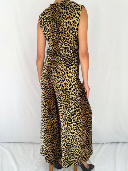 70s vintage leopard animal print velvet sleeveless pant jumpsuit – medium | disco party retro mod flared pantsuit