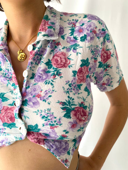 90s vintage floral collared button up crop top - extra small, small 