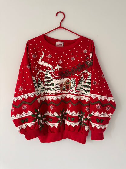 90s vintage red snowy winter scene graphic pullover sweatshirt