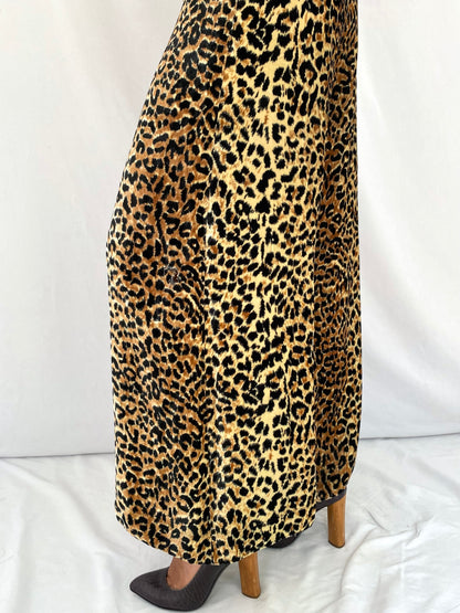 70s vintage leopard animal print velvet sleeveless pant jumpsuit – medium | disco party retro mod flared pantsuit