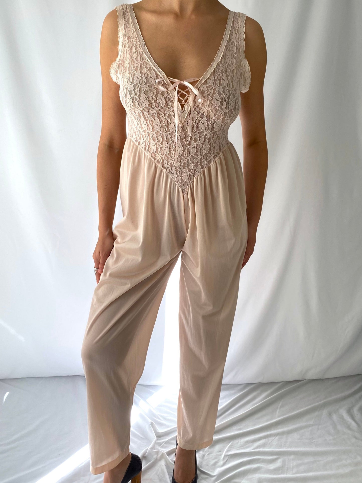 80s vintage pale pink lace lingerie jumpsuit romper - small, medium | ballerina nightgown pant onesie