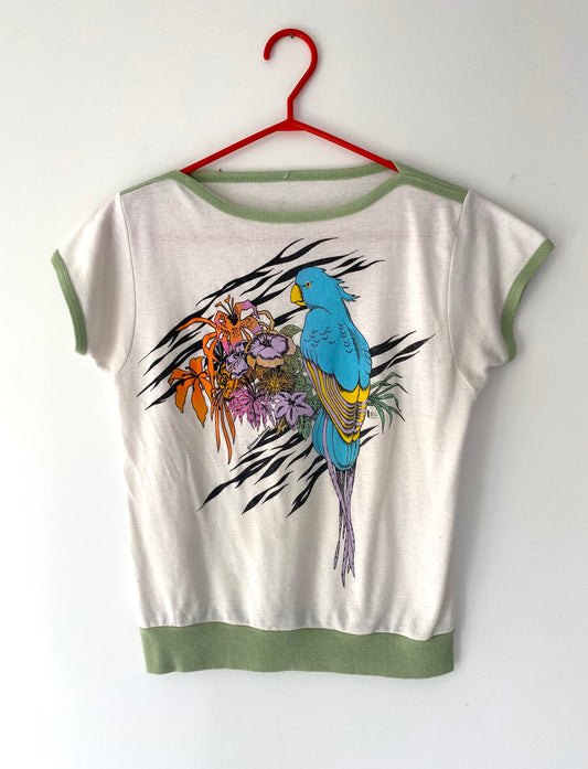 80s vintage colorful tropical parrot bird baby tee – small | retro fitted cotton sleeveless ringer tshirt