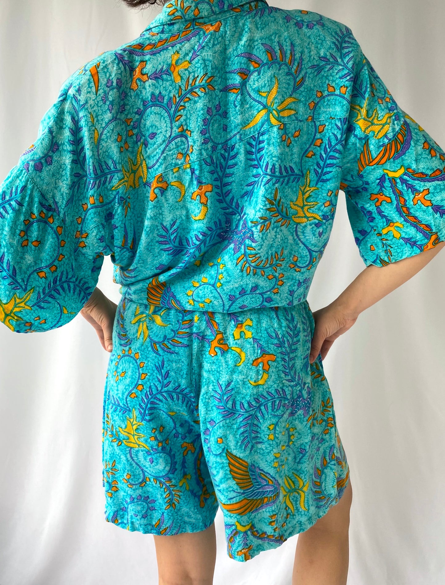 80s vintage blue Hawaiian tie top mini shorts matching set – small, medium | tropical vacation retro coord set