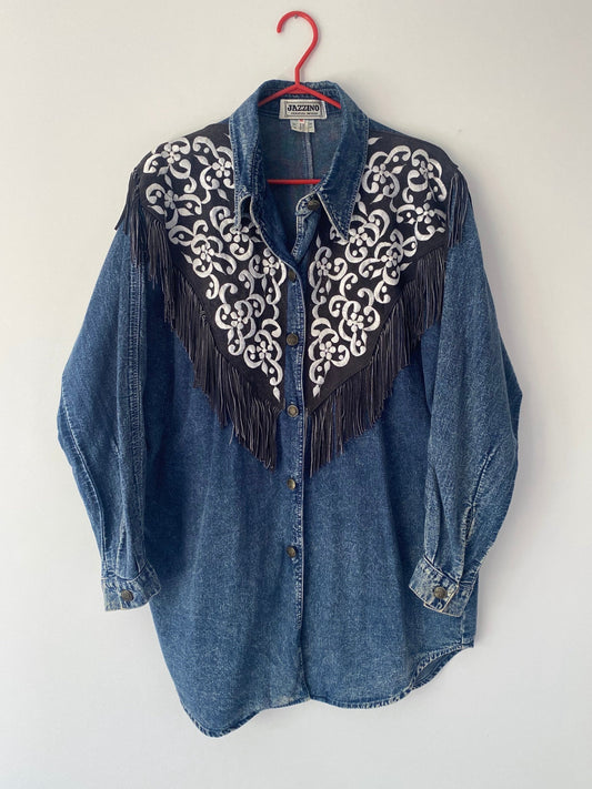 90s vintage blue denim embroidered fringed suede long button up shirt – medium, large | funky western boho collared boxy jacket