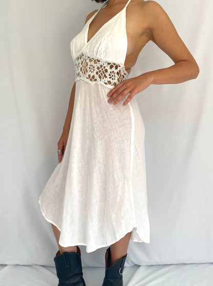 90s vintage white crochet sleeveless halter midi dress – small, medium | boho backless bridal festival beach cover up