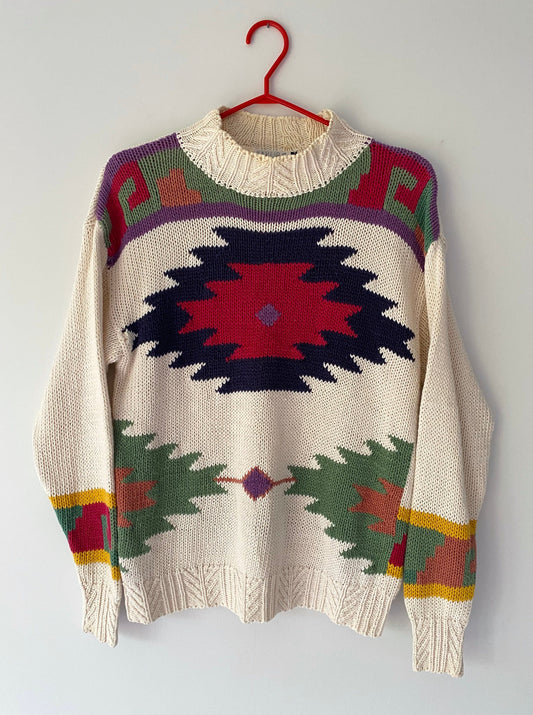 90s vintage multicolor southwestern Aztec cable knit sweater – small | geometric retro folky pullover jumper