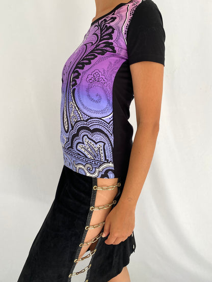 90s ETRO multicolor paisley silk short sleeved tshirt – small, medium | unique graphic abstract print blouse