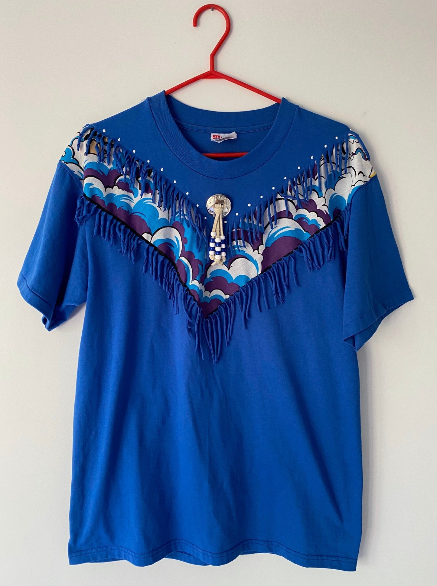 90s vintage blue southwestern fringed beaded crew tee shirt – medium, large | crazy novelty Aztec short sleeved tshirt