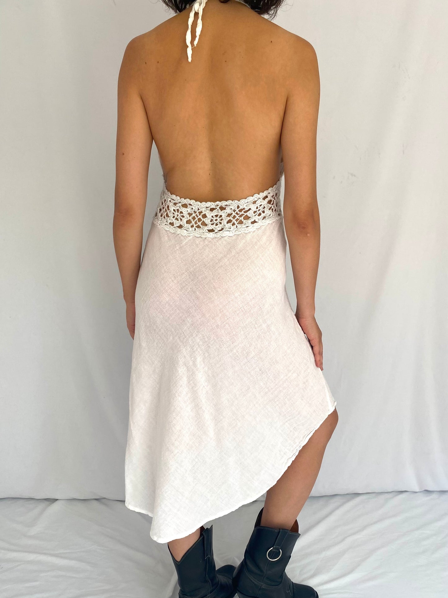 90s vintage white crochet sleeveless halter midi dress – small, medium | boho backless bridal festival beach cover up