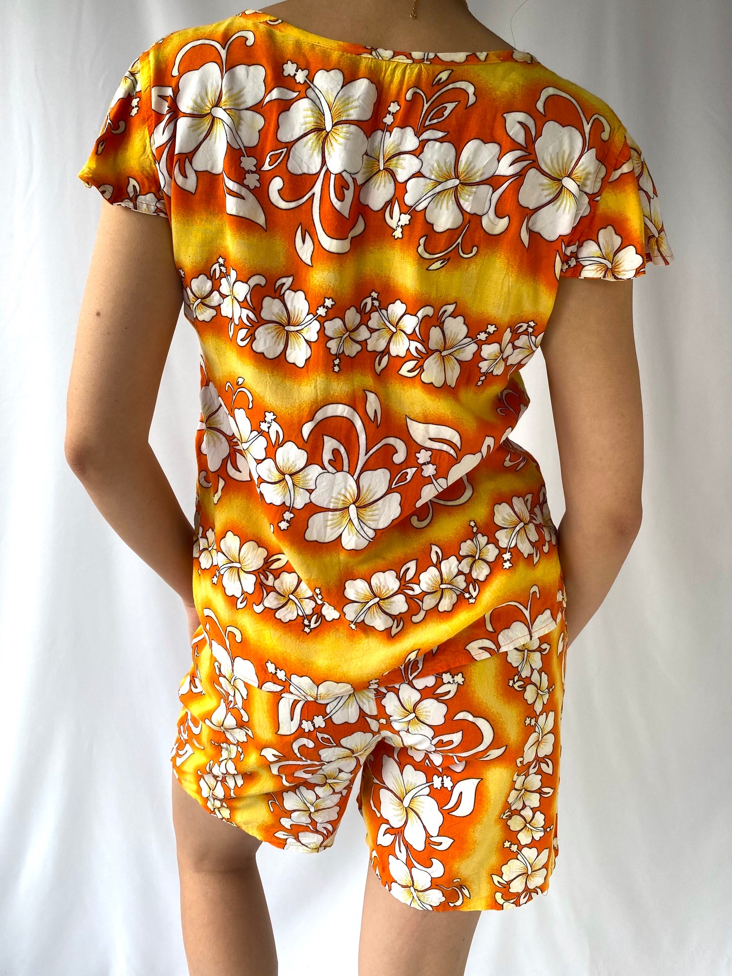 90s vintage orange Hawaiian hibiscus shirt top matching set 