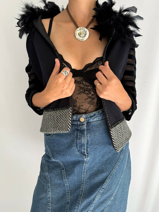 vintage black feather trim collar open front jacket – small | unique beaded sheer halloween party blazer