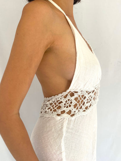 90s vintage white crochet sleeveless halter midi dress – small, medium | boho backless bridal festival beach cover up