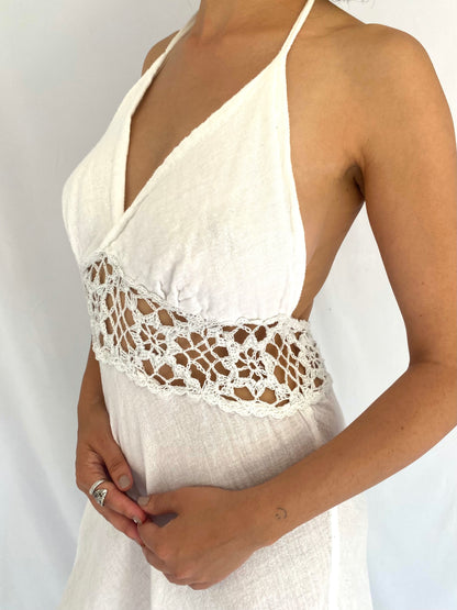 90s vintage white crochet sleeveless halter midi dress – small, medium | boho backless bridal festival beach cover up