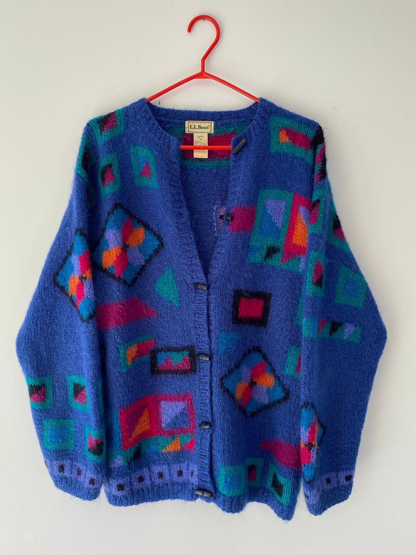 80s vintage blue multicolor abstract geometric mohair wool cardigan