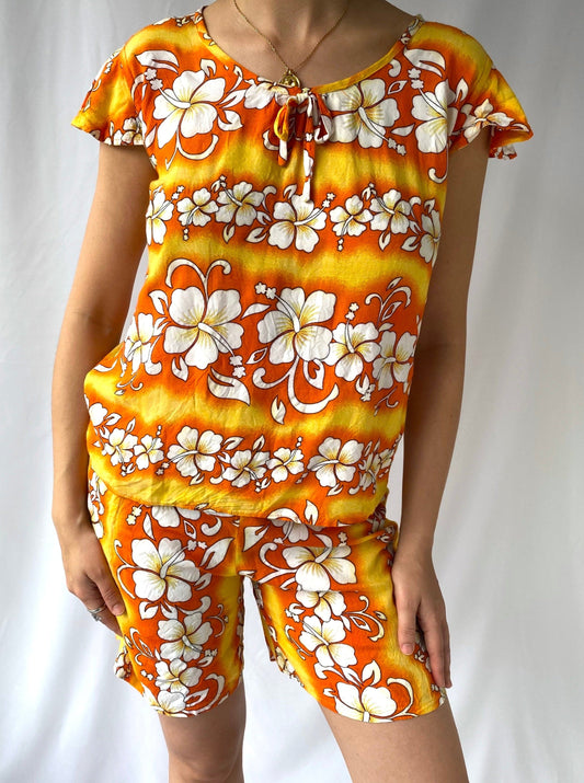 90s vintage orange Hawaiian hibiscus shirt top matching set – small | tropical vacation retro coord set