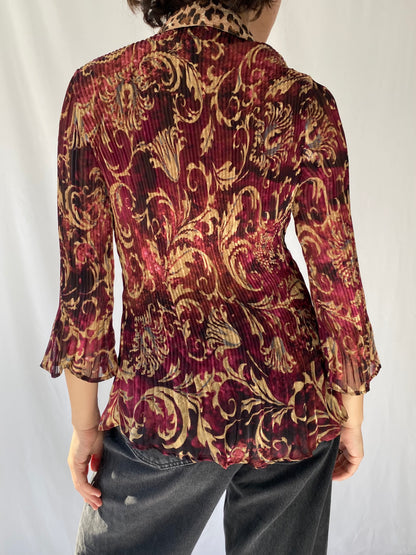 y2k burgundy gold sheer paisley pleated button up blouse – small | chiffon boho witchy flowy collared shirt