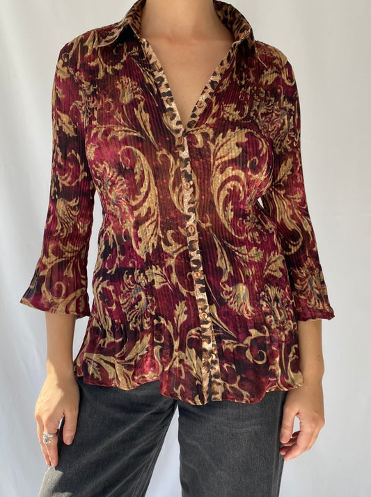 y2k burgundy gold sheer paisley pleated button up blouse – small | chiffon boho witchy flowy collared shirt