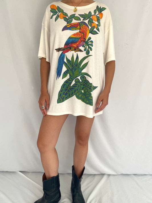 90s vintage colorful tropical vacation bird tee shirt cover up – one size | embellished beaded novelty retro cotton tshirt