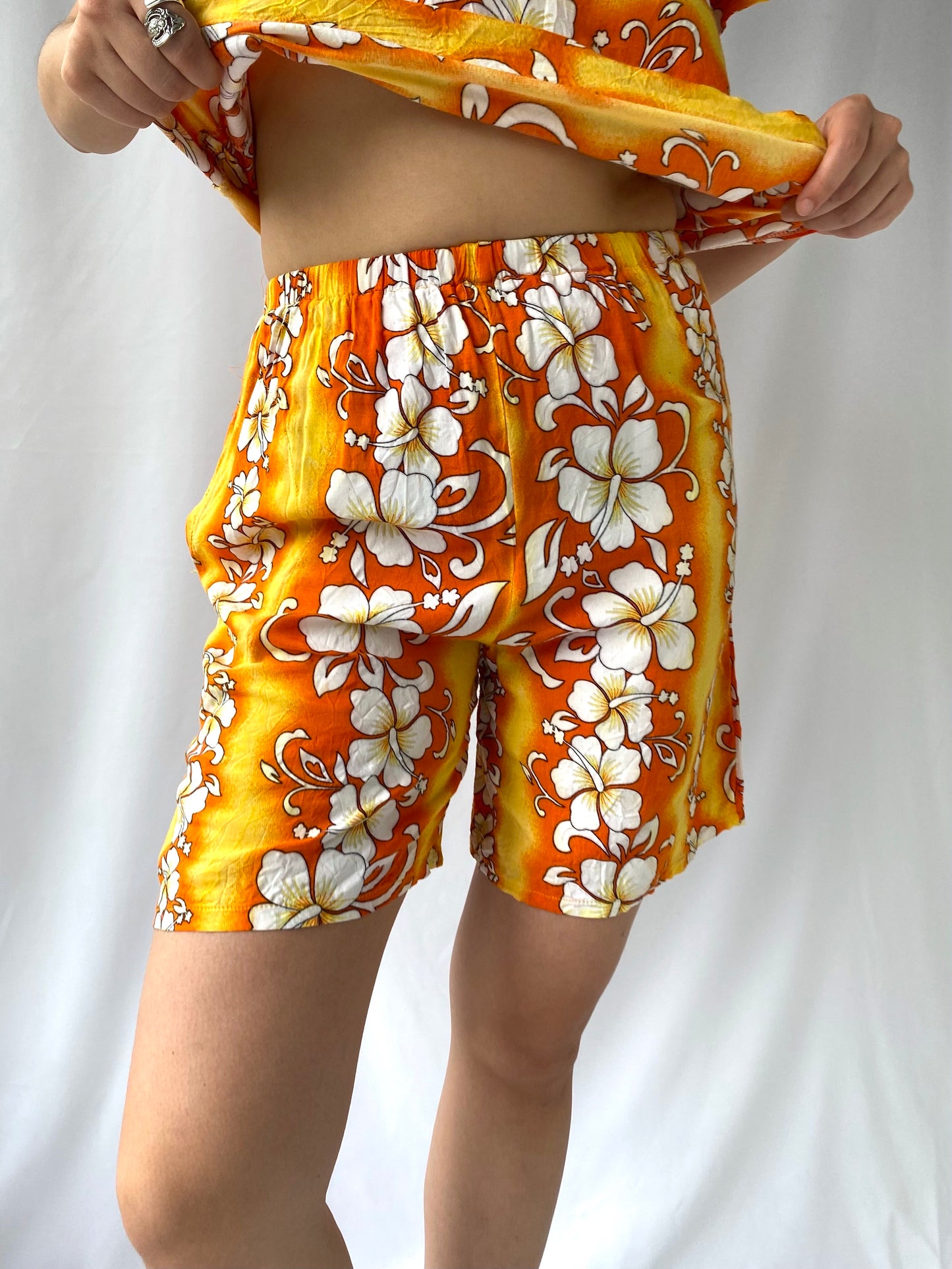 90s vintage orange Hawaiian hibiscus shirt top matching set 