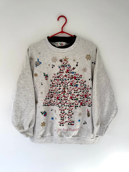 90s vintage grey christmas tree santa scene graphic pullover sweater – small | cutewinter holiday outdoor collared sweatshirt