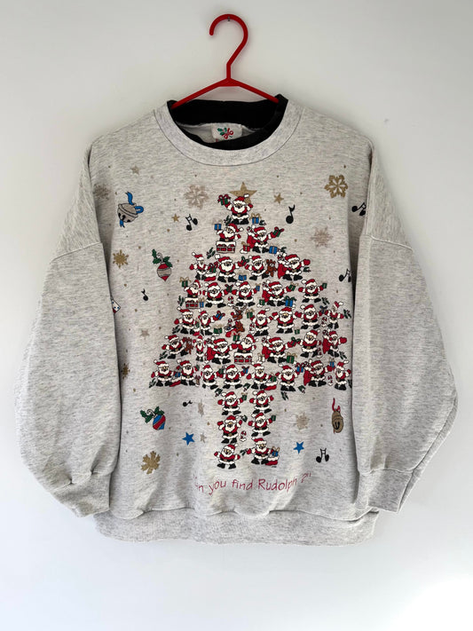 90s vintage grey christmas tree santa scene graphic pullover sweater