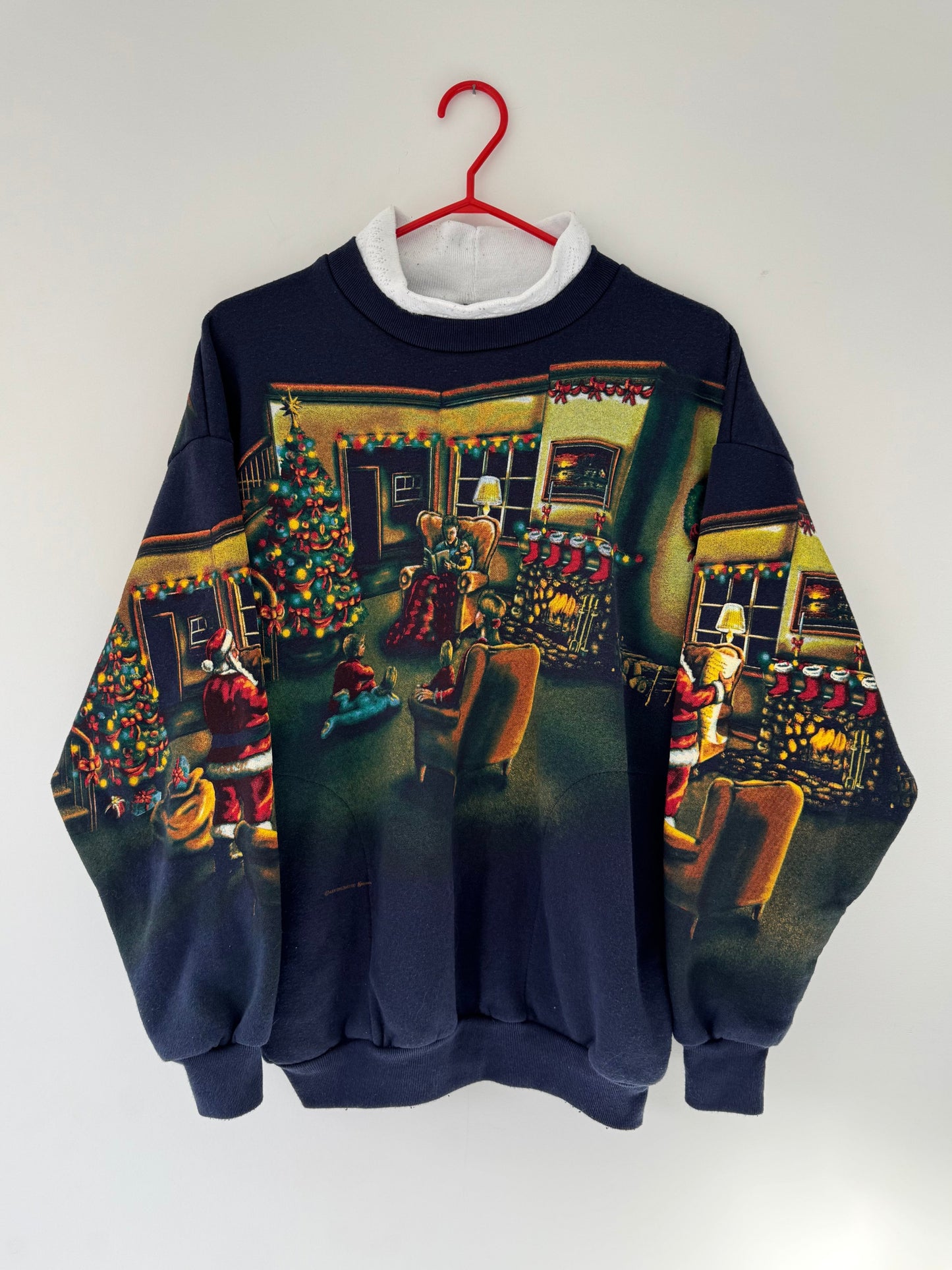 90s vintage christmas holiday scene graphic pullover sweater – large | unisex crazy winter santa long sleeved collared sweatshirt