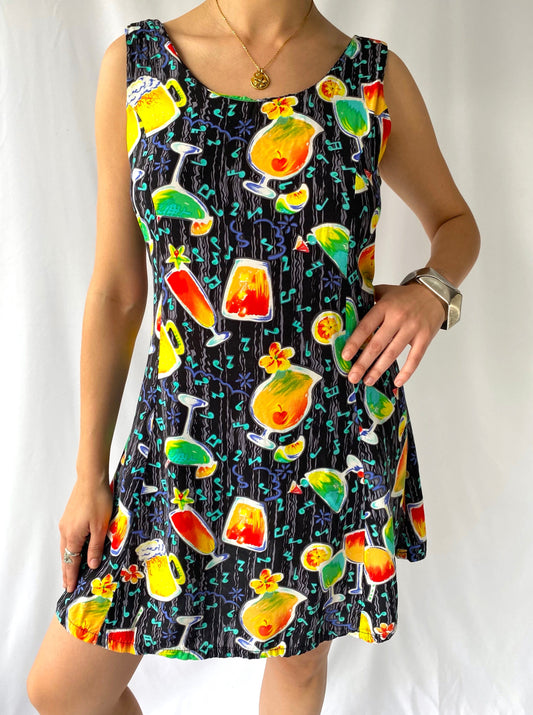 90s vintage colorful vacation print mini dress - size small, medium | novelty tropical martini neon tank sundress