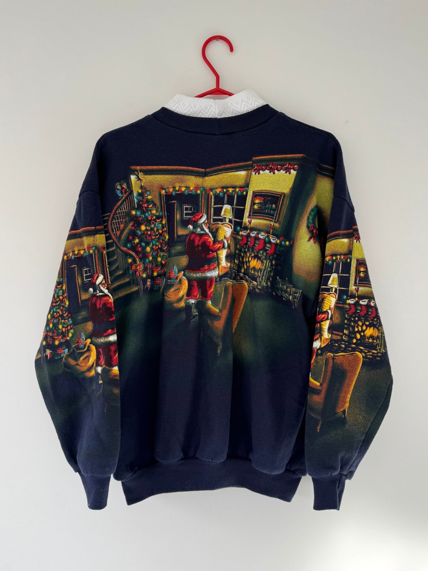 90s vintage christmas holiday scene graphic pullover sweater – large | unisex crazy winter santa long sleeved collared sweatshirt