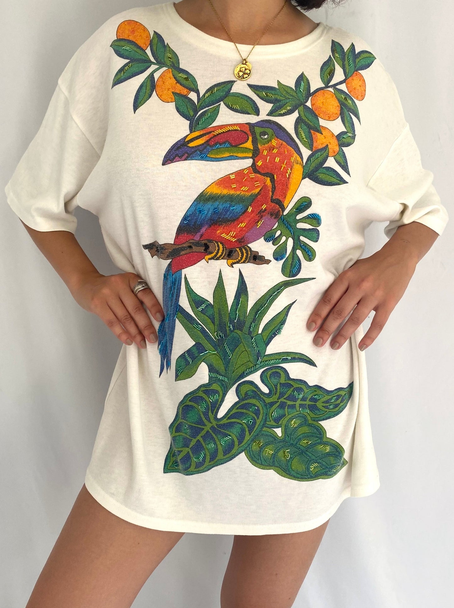 90s vintage colorful tropical vacation bird tee shirt cover up