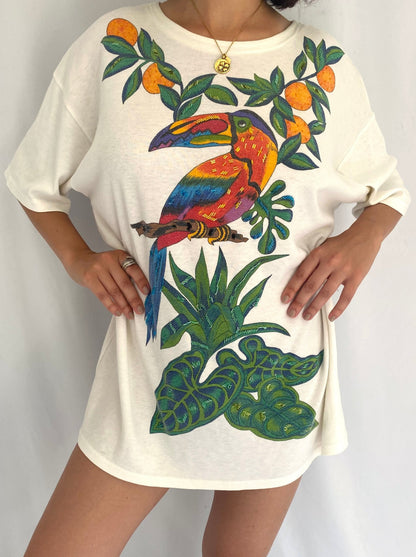90s vintage colorful tropical vacation bird tee shirt cover up