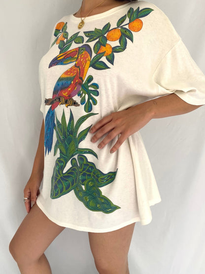 90s vintage colorful tropical vacation bird tee shirt cover up