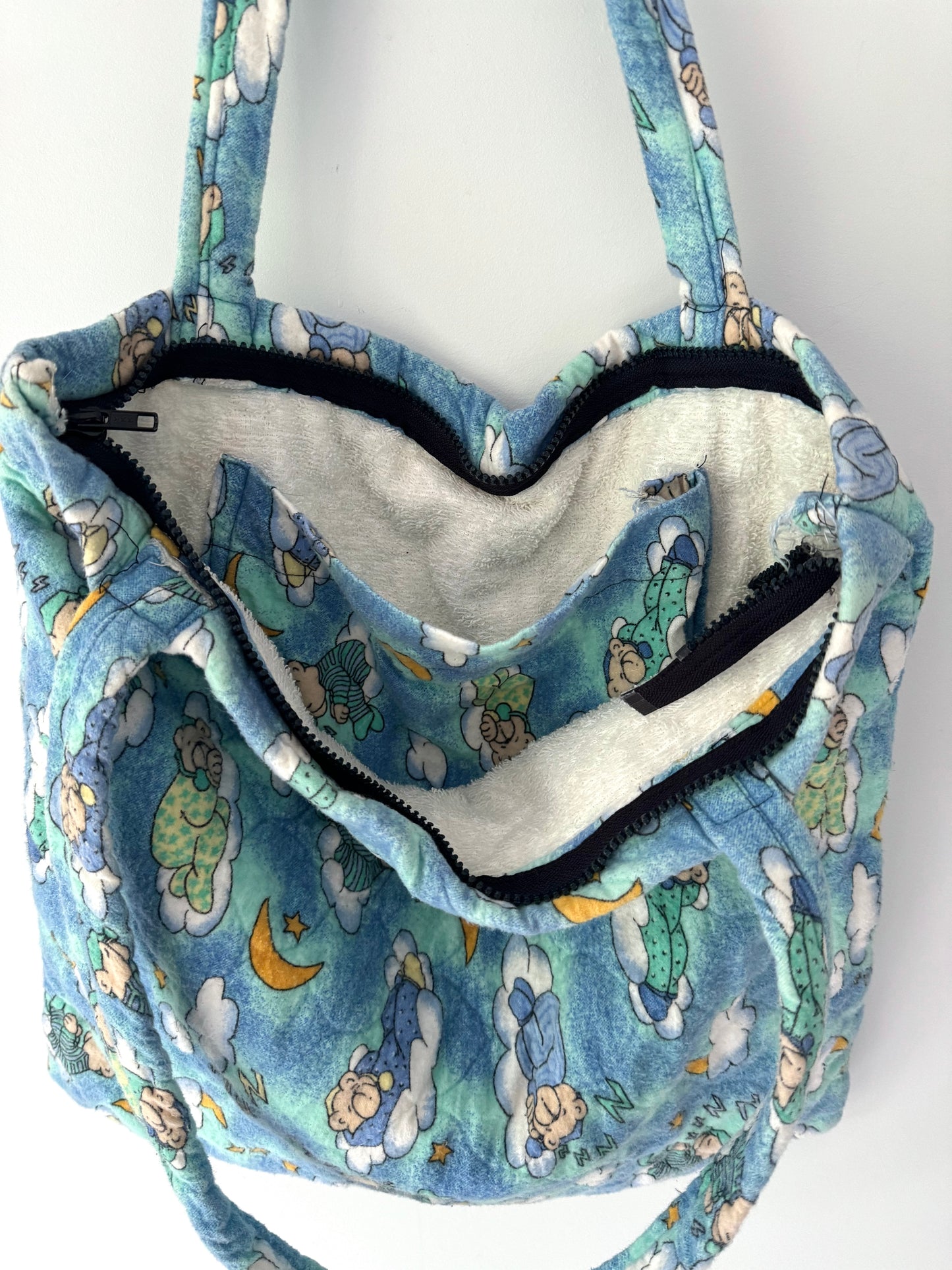 vintage handmade sleeping teddy bear large fabric tote bag