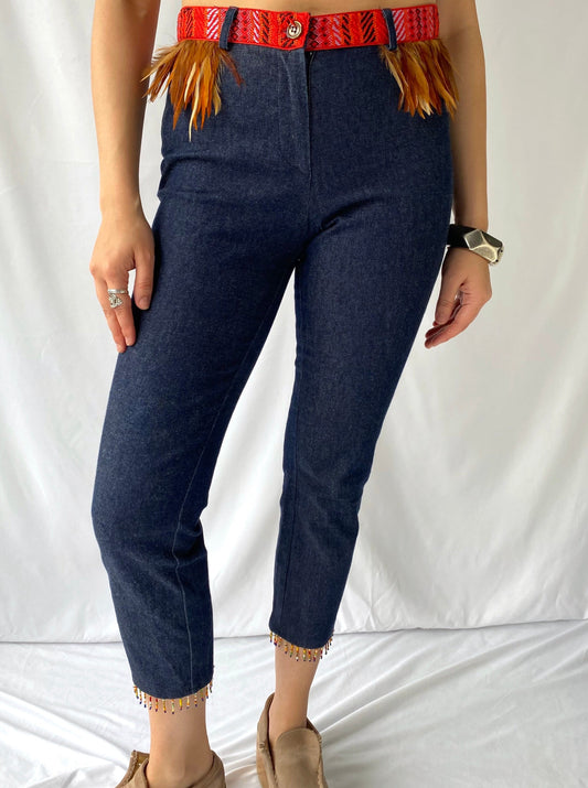 90s vintage blue denim embroidered cropped stretch pants – small, medium | funky feathers beaded fringe capris