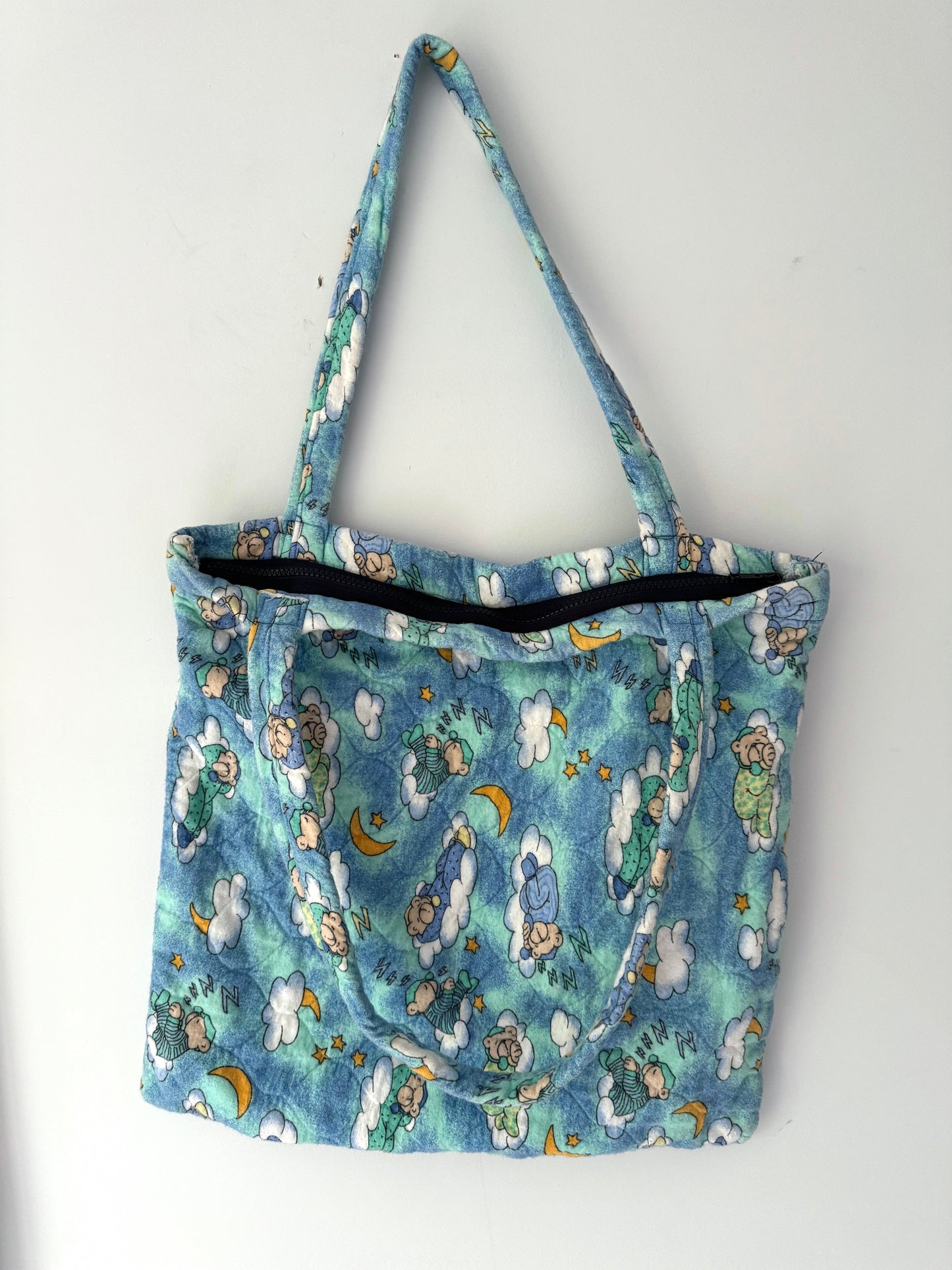 vintage handmade sleeping teddy bear large fabric tote bag