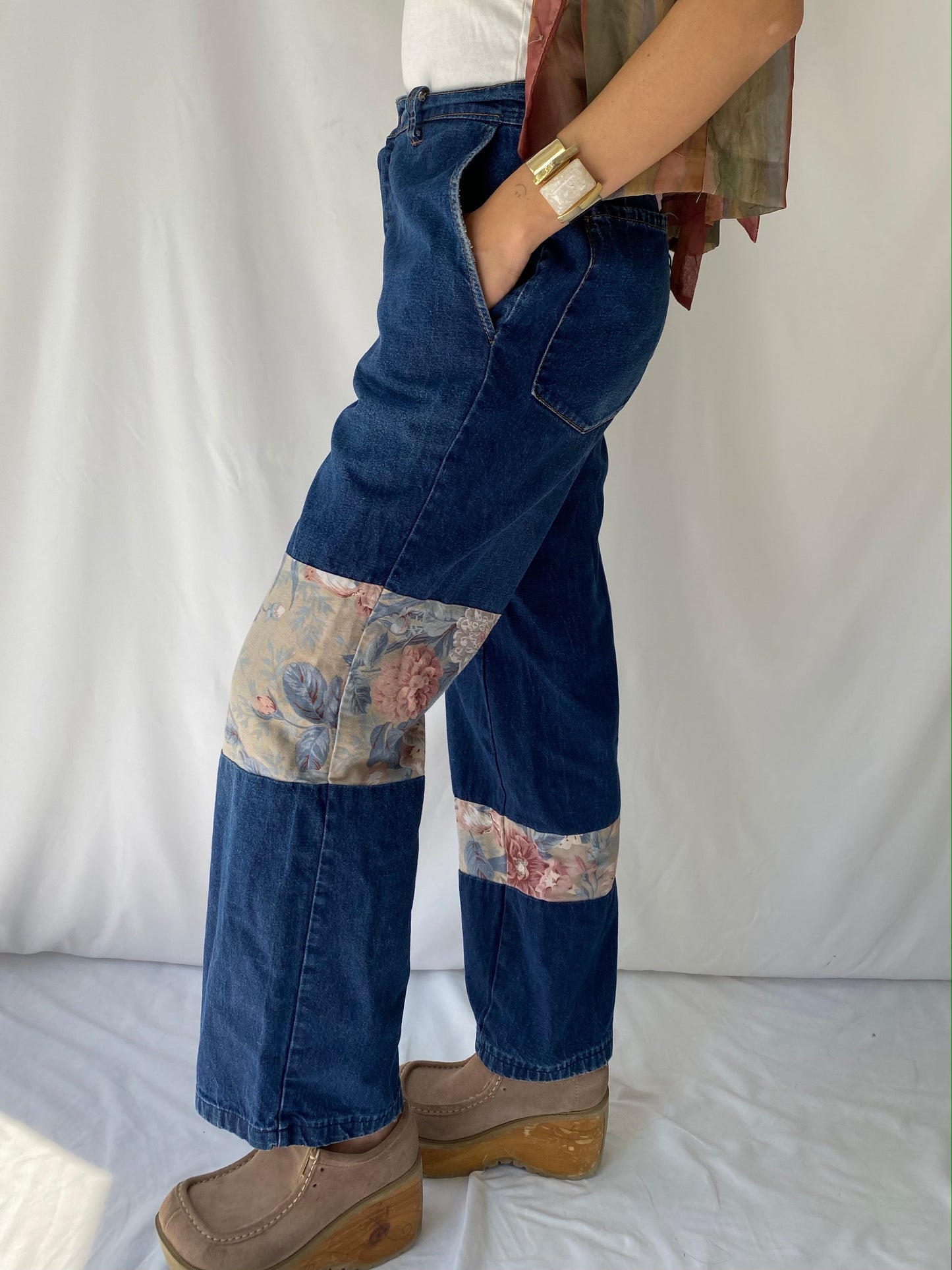 90s vintage blue denim embroidered floral patches straight wide leg pants – medium, 26 - 28” waist | unique retro baggy long jeans