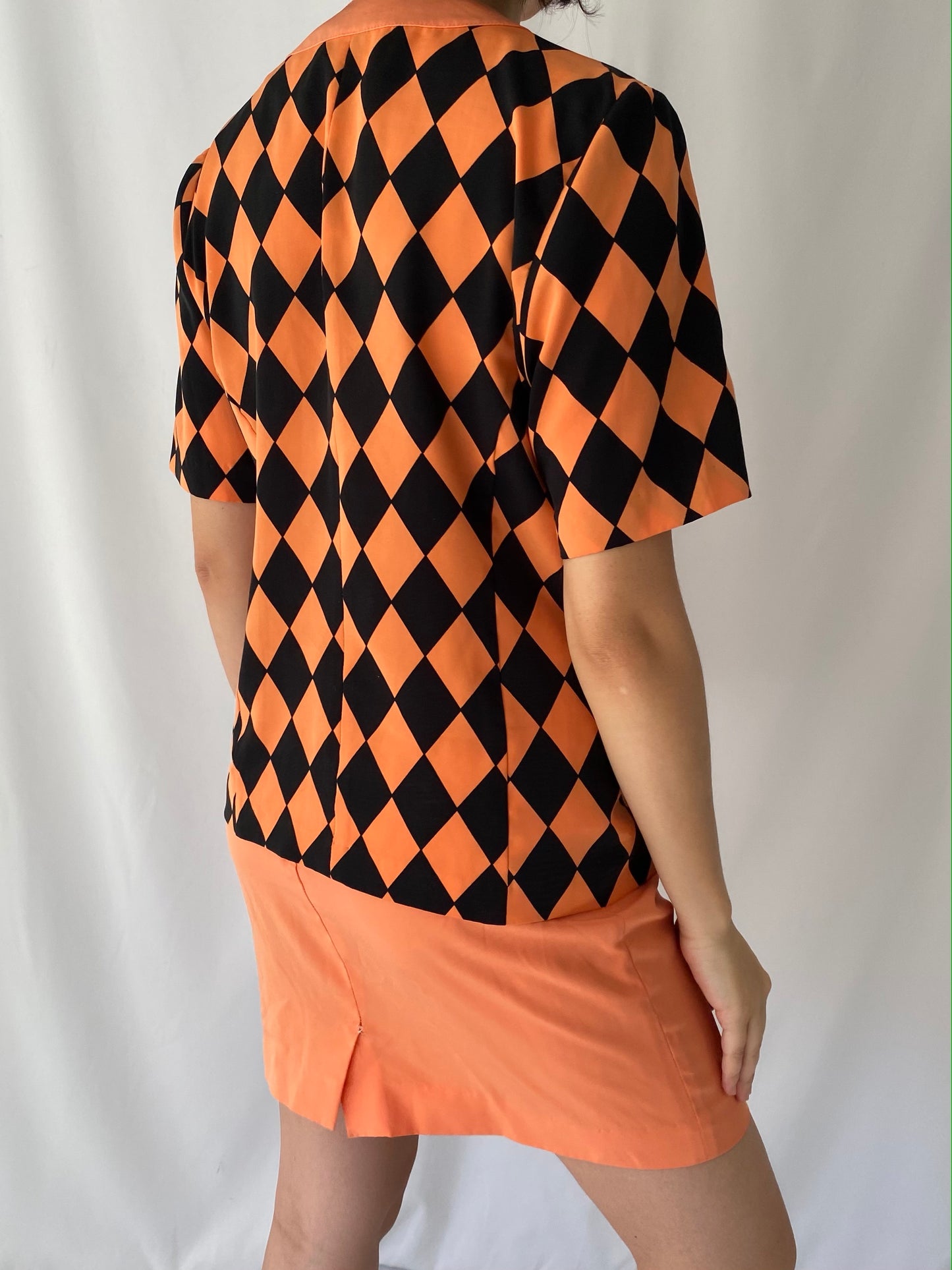 90s vintage orange black short sleeved blouse mini skirt matching set