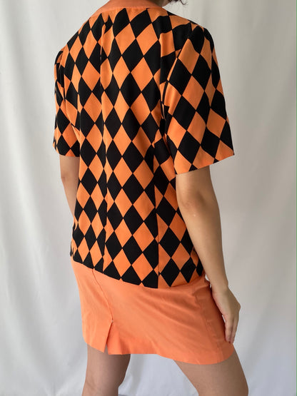 90s vintage orange black short sleeved blouse mini skirt matching set