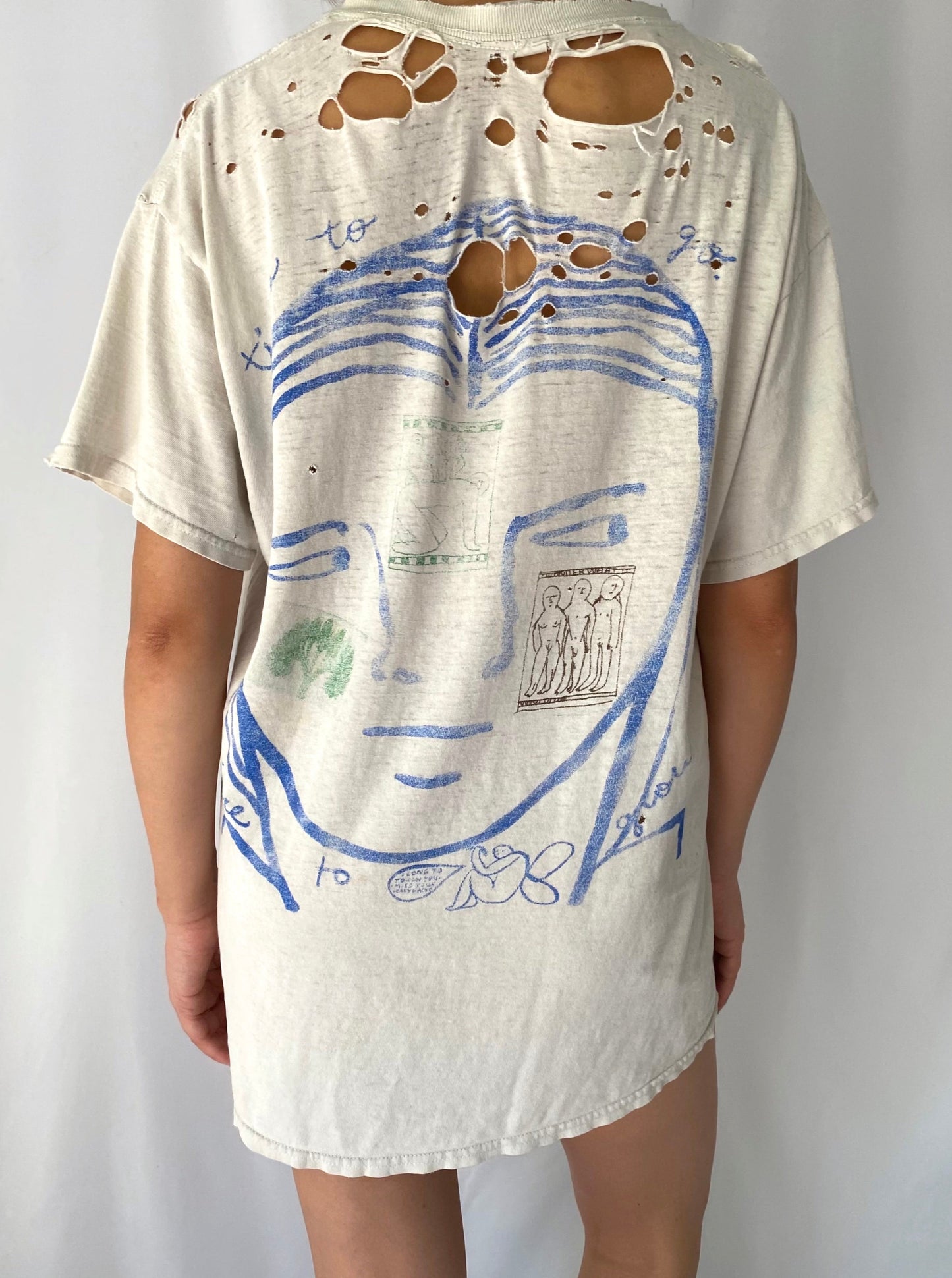 90s vintage cream distressed abstract time to grow nature butterfly tee shirt – unisex medium | thrashed ripped holes faded tshirt