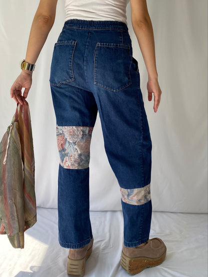 90s vintage blue denim embroidered floral patches straight wide leg pants – medium, 26 - 28” waist | unique retro baggy long jeans