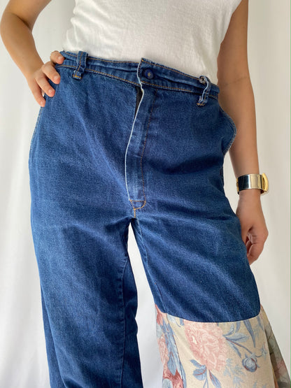 90s vintage blue denim embroidered floral patches straight wide leg pants – medium, 26 - 28” waist | unique retro baggy long jeans