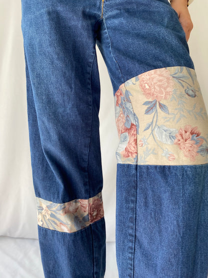 90s vintage blue denim embroidered floral patches straight wide leg pants – medium, 26 - 28” waist | unique retro baggy long jeans